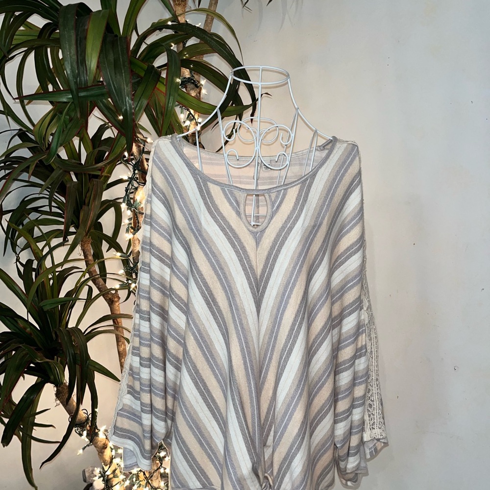 Cream and Gray Asymmetrical Blouse with Relaxed Fit